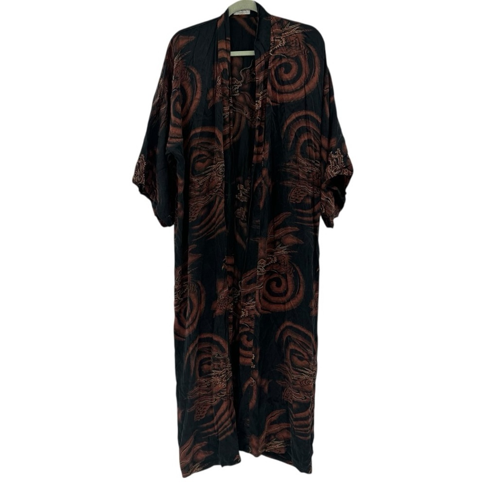 Vintage 100% Silk Novelty Print Dragons Long Maxi Kimono XL - Picture 2 of 8
